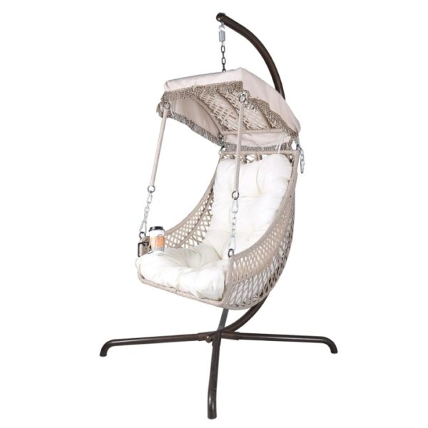 Indoor And Outdoor Swing Egg Chair With Stand, Beige UV Protection Cushion Hanging Chair With Cup Holder - Image 7