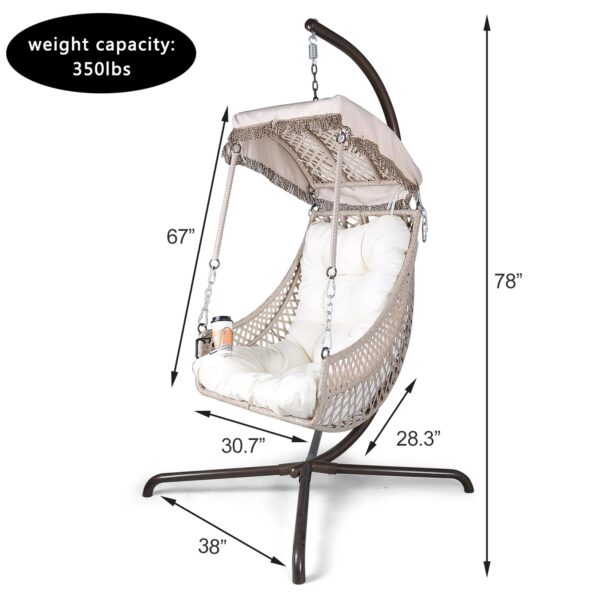 Indoor And Outdoor Swing Egg Chair With Stand, Beige UV Protection Cushion Hanging Chair With Cup Holder - Image 2
