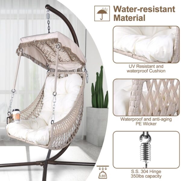 Indoor And Outdoor Swing Egg Chair With Stand, Beige UV Protection Cushion Hanging Chair With Cup Holder - Image 5