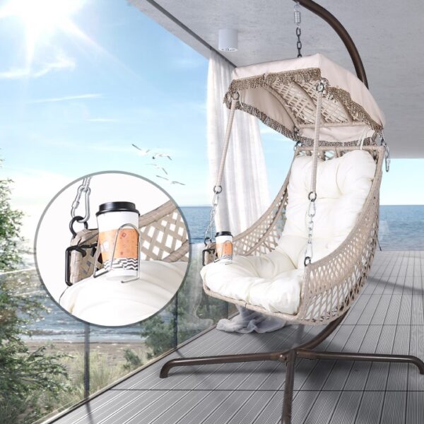 Indoor And Outdoor Swing Egg Chair With Stand, Beige UV Protection Cushion Hanging Chair With Cup Holder - Image 8