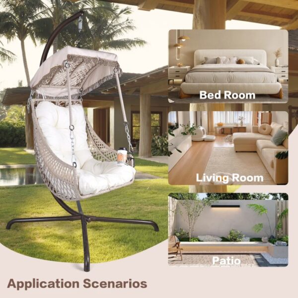 Indoor And Outdoor Swing Egg Chair With Stand, Beige UV Protection Cushion Hanging Chair With Cup Holder - Image 10