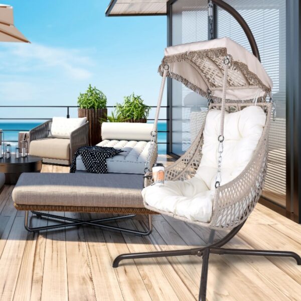 Indoor And Outdoor Swing Egg Chair With Stand, Beige UV Protection Cushion Hanging Chair With Cup Holder - Image 9